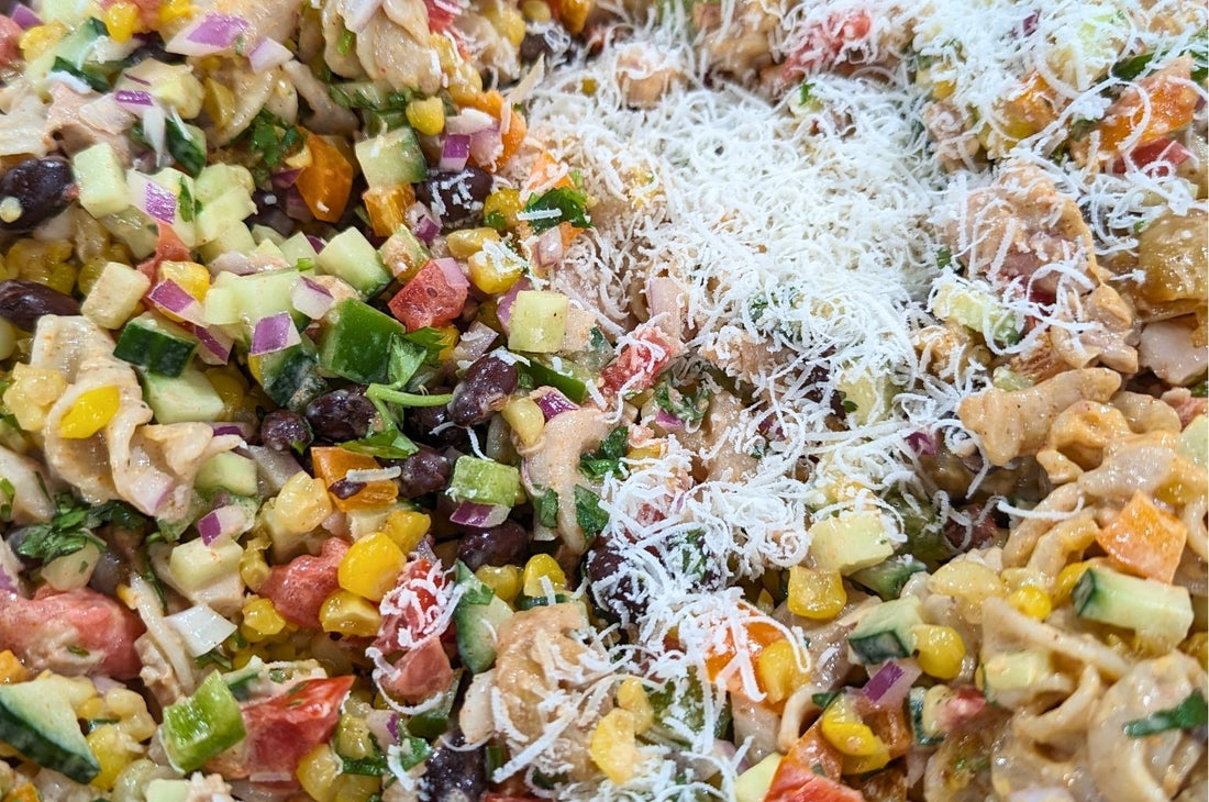 Mexican Street Corn Pasta Salad featuring Rosebud's Chili Lime Smoked Salt